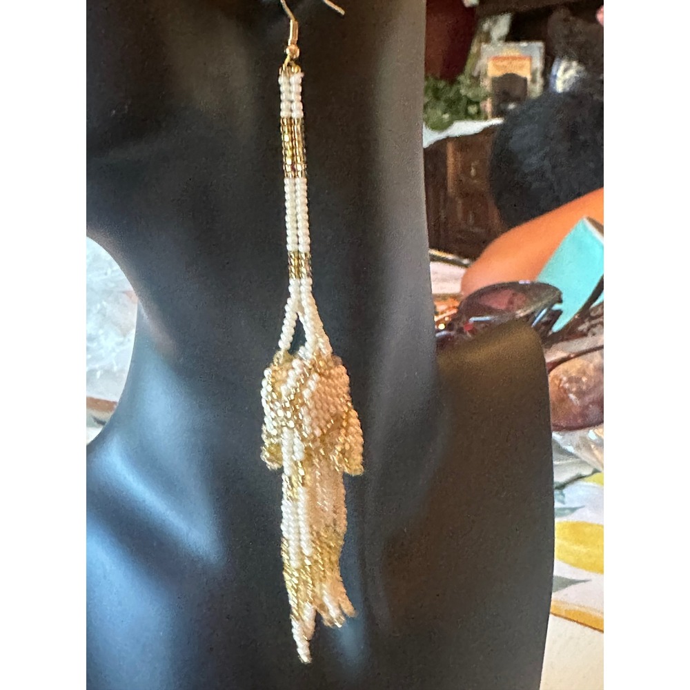 Handmade Seed Bead Tassel Drop Earrings Gold Cream Boho Statement Dangle